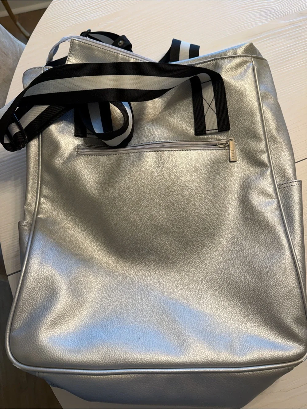 Maggie Mather Metalic Silver Tennis Bag Women's with Striped Webbing Straps - Picture 2 of 3